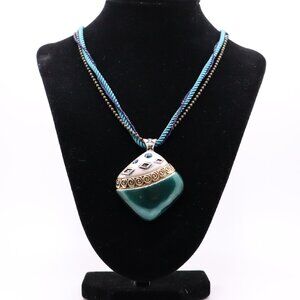 Chico's Forest Green Enamel Gold Silver Tone Diamond Motif Pendant Cord